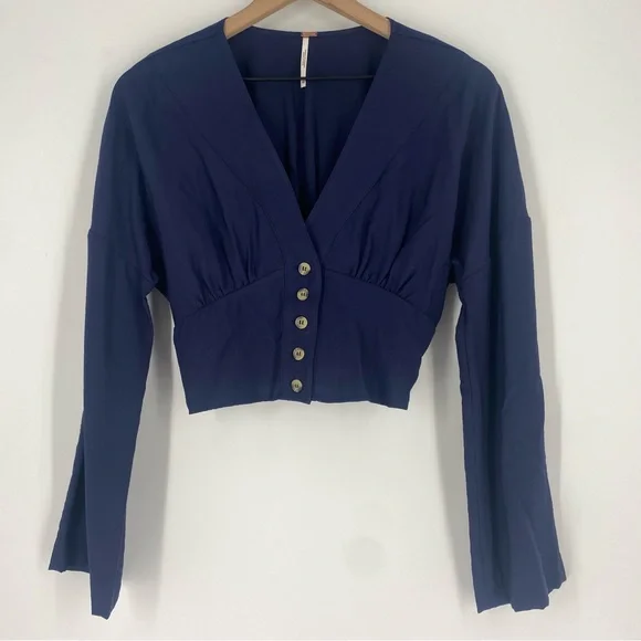 FREE PEOPLE Forever Yours Long Sleeve Button Front V-Neck Blue Cropped Top - Picture 2 of 8